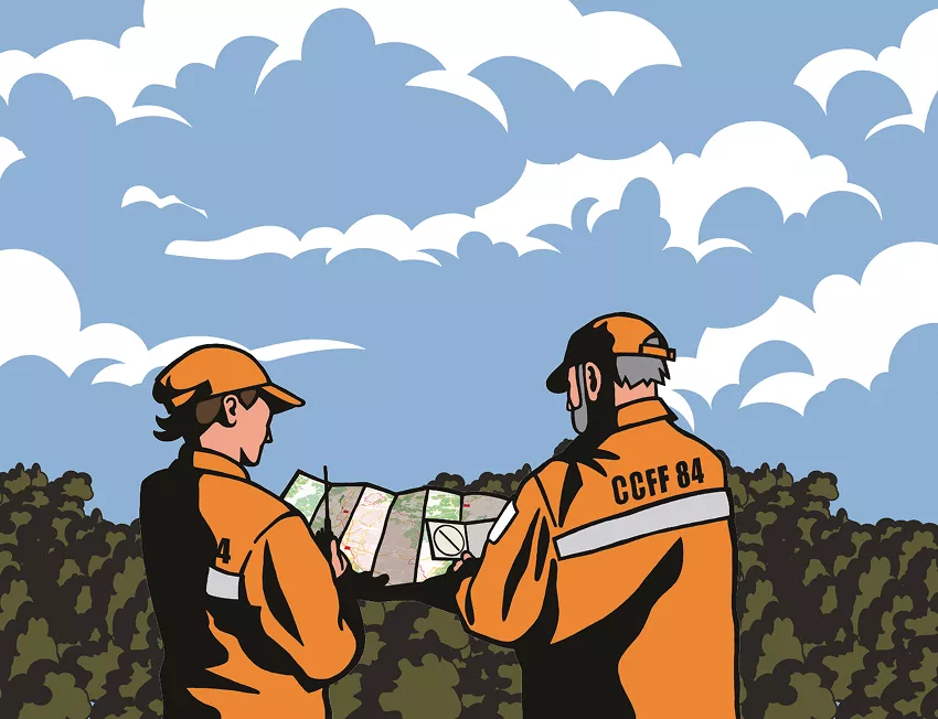 benevoles du ccff de merindol surveillent la foret consultent une carte engagement citoyen pour prevenir les feux de foret
