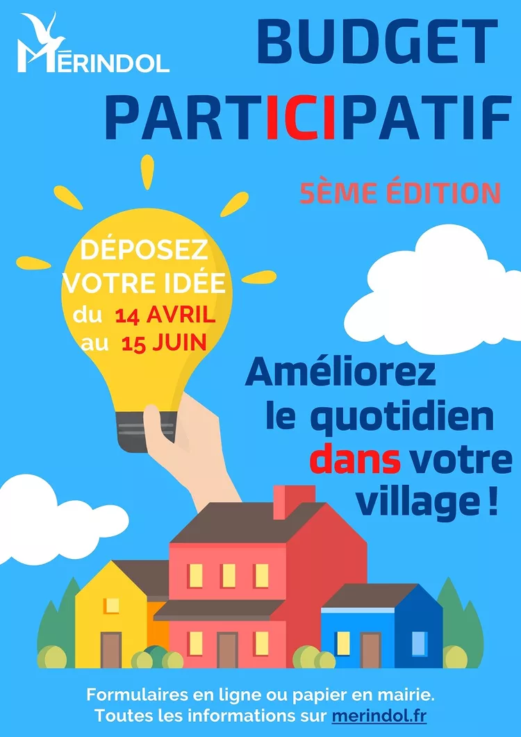 affiche de la 5e édition du budget participatif de mérindol 2025, invitant les habitants à proposer et présenter des projets culturels, sportifs, de loisirs ou de bien-être entre avril et juillet