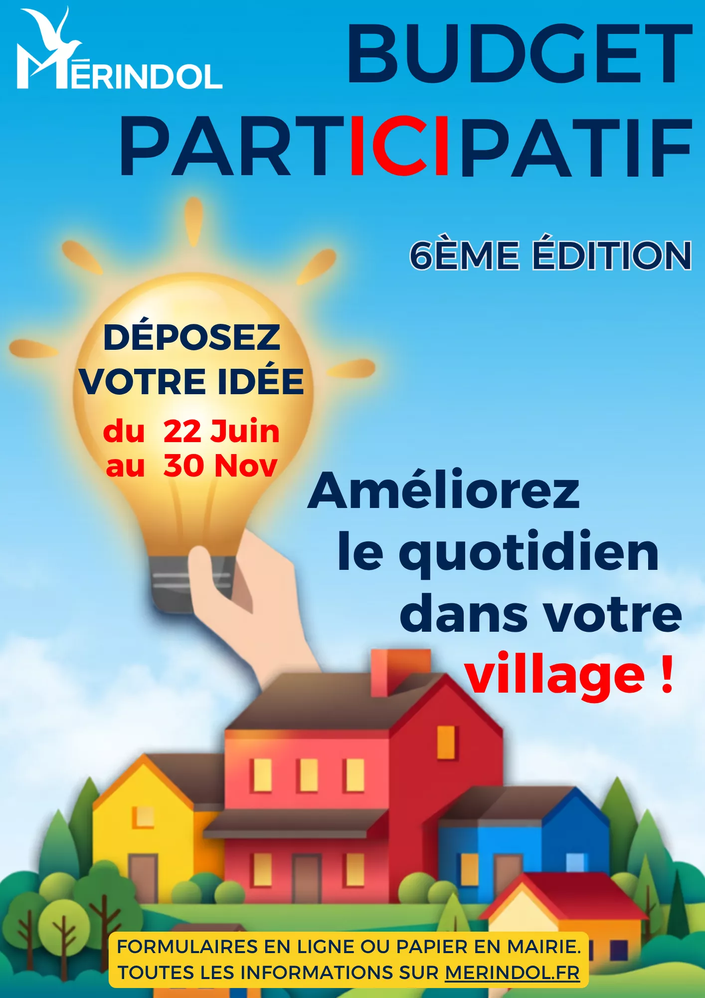 Affiche 5e budget participatif Mérindol 2025, projets avril à juillet